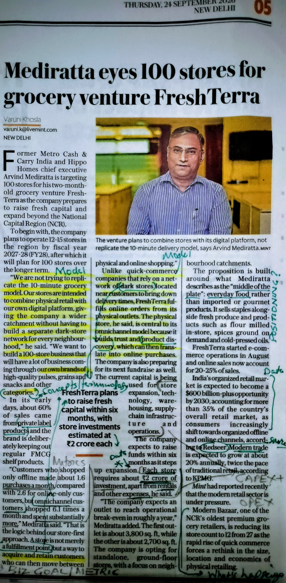 Deepak Maun's handwritten annotations on the Mint FreshTerra article.